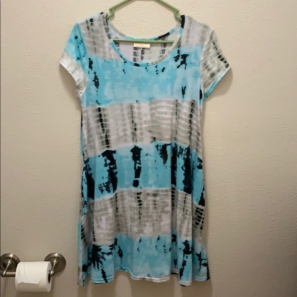 Blue white gray and black sun dress with pockets